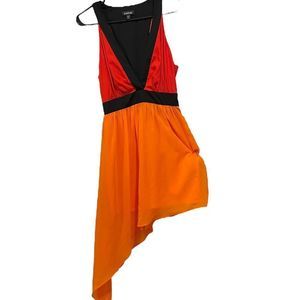 Bebe Orange Black Red Asymmetric High Low Cutout Geometric Colorblock Mini Dress